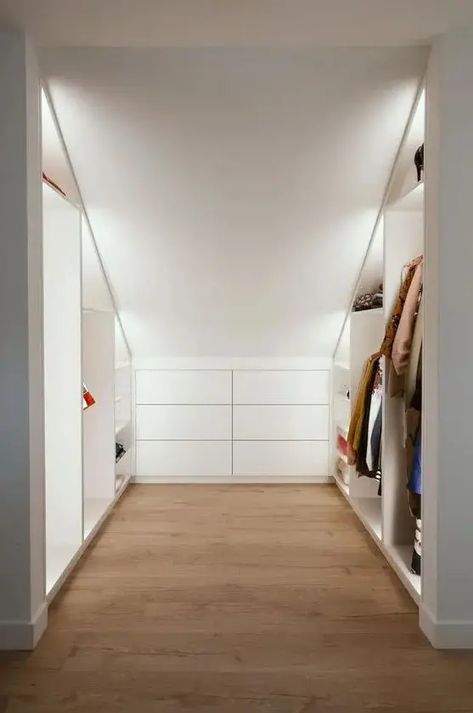 Attic Space Closet, Attic Room Wardrobe, Attic Layout Ideas, Built In Open Closet, Deep Angled Closet Ideas, Built In Wardrobe Sloped Ceiling, Walk In Attic Closet, Sloped Ceiling Closet Ideas, Built In Wardrobe Ideas Sloped Ceiling