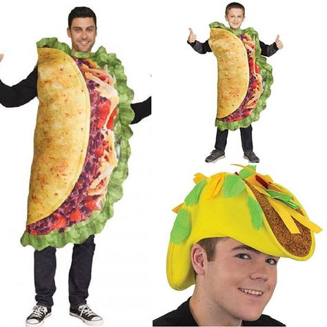 Holy guacamole! It's National Taco Day!  Show your love of Mexican food with this Hard Shell Taco Hat. This hat is shaped like a giant yellow hard shell taco with ground beef lettuce tomatoes and cheese. Show up to the National Taco Day or Cinco de Mayo celebration wearing this Taco Hat. Ole!! https://www.arlenescostumes.com/products.cfm?Page=Products&Product=Taco%20Hat  These hilarious Tacocostumes are both delicious and entertaining! It's a great way to show your love for the food or have a go Taco Hat, Taco Costume, Food Costumes, Black Halloween Dress, Unique Costumes, Fun World, Halloween Fancy Dress, Adult Halloween Costumes, Fete Halloween