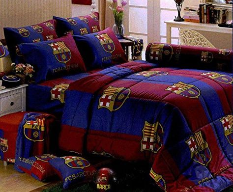 Barcelona Football Club Official Licensed Bed Fitted Sheet Set (Queen Size,BC002) 4 Pieces Set : 1 Bed Fitted Sheet, 2 Standard Pillow Case and 1 Standard Bolster Case TULIP http://www.amazon.ca/dp/B00WQYW736/ref=cm_sw_r_pi_dp_H5Hpvb0QAH4NH Soccer Themed Bedroom, Soccer Bedroom, Cool Bedrooms For Boys, Soccer Room, Designer Bed Sheets, Barcelona Football, Four Season, Twin Sheet Sets, Awesome Bedrooms