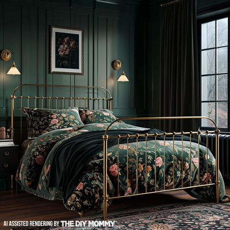 Dark Feminine Bedroom mood board design featuring dark green walls, velvet curtain, a gold metallic bed frame, a moody floral art. 😍 1920s Inspired Bedroom, Green Brass Bedroom, Dark Green Pink Bedroom, Gold Metal Bed Frame Bedroom Ideas, Moody Floral Bedroom, Gold Bed Frame Bedroom Ideas, Green Metal Bed, Dark Floral Bedroom, Dark Green And Gold Bedroom