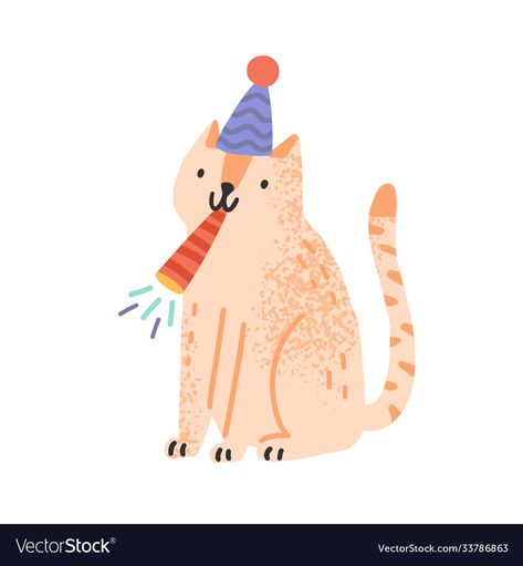 Dog Party Hat, Cat Celebrating, Celebrating Birthday, Cone Hat, Illustration Funny, Cute Cat Illustration, Cat Greeting Cards, Birthday Illustration, Cat Birthday Party