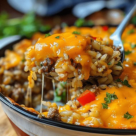 Delicious Cheesy Hamburger Rice Casserole - an easy, hearty meal with beef, rice, and cheese. Perfect for family dinners. Cheesy Hamburger Rice Casserole Recipes, Dinner Recipes For Family Comfort Foods, Cheesy Hamburger Rice Casserole, Cheesy Hamburger Potato Casserole, Cheesy Enchilada Hamburger Helper, Cheeseburger Rice Casserole, Texas Meals, Hamburger And Rice Recipes, Hamburger Casserole Recipes