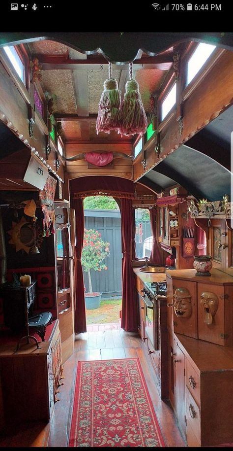 This Couple Transformed a Rusty Old School Bus Into the Perfect Home Vardo Wagon Interior, Witchy Camper, Hippie Camper Interior, Vardo Wagon, Hippie Camper, Old School Bus, Tiny House Camper, Gypset Style, Caravan Interior