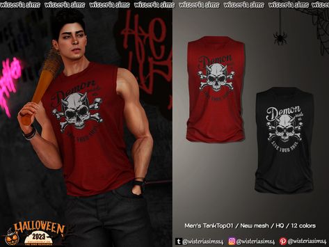 The Sims Resource - Halloween 2023 - Men's TankTop 01 Sims 4 Goth Clothes Male, Sims 4 Cc Tank Top Male, Sims 4 Cc Outfits Male, Cc Men, Sims Dress, Sims 4 Cc Goth, Goth Male, Male Sims, Sims 4 Men Clothing