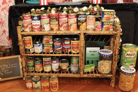 Chic Party Ideas, Apocalypse Party, Zombie Apocalypse Party, Walking Dead Party, Apocalypse Survivor, Zombie Apocolypse, Cafe Counter, Canned Foods, Apocalypse World