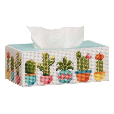 Colorful Plant Pots, Plastic Canvas Tissue Box Cover, Plastic Canvas Box Patterns, Colorful Plant, Cactus Cross Stitch, Kleenex Box Cover, Potted Succulents, Plastic Canvas Coasters, Plant Parent