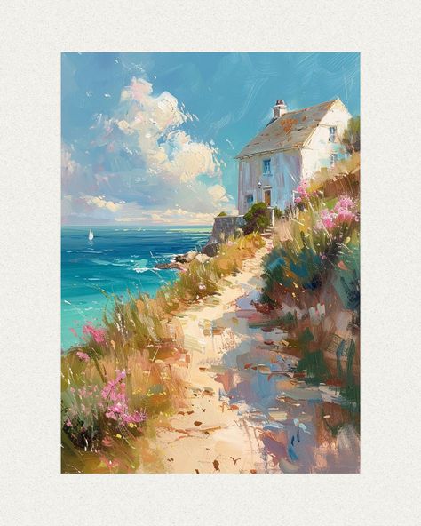 Discover the tranquility of the English countryside with our 'Pastel Coastal Cottage' poster. Featuring a serene coastal scene with a charming house by the sea in beautiful pastel colors, this art print is created using eco-friendly water-based inks on high-quality paper. Available in various sizes, perfect for adding coastal charm to any room. English Coast, Farm Paintings, Cottage Painting, Eco Friendly Art, Quaint Cottage, Coastal Painting, Artwork Ideas, House By The Sea, Charming House