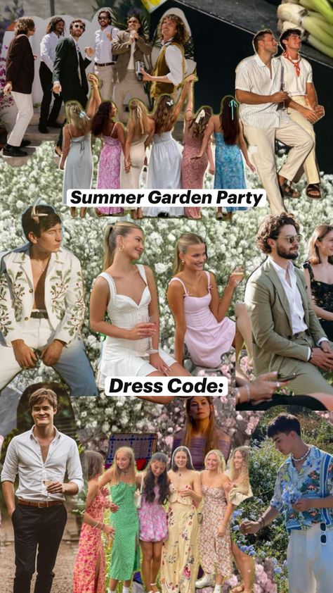 Summer Cocktail Attire, Cocktail Garden Party, Garden Wedding Dress Guest, Party Dress Codes, Garden Party Outfit, Dinner Party Outfits, Cocktail Theme, Summer Party Themes, Birthday Dinner Party