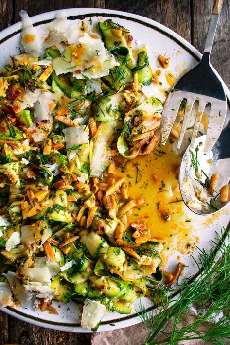 Zucchini Salad Recipes, Shaved Zucchini Salad, Clean Mind, The Original Dish, Spicy Almonds, Vegan Potluck, Zucchini Salad, Summer Meals, Summer Meal