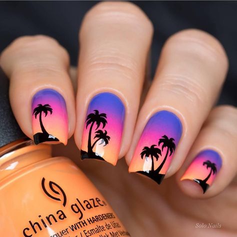 🌴🌺 Gorgeous Sunset!! @solo_nails wearing China Glaze 'None Of Your Risky Business', 'I'll Pink To That' & 'I Gotta Blue Attitude' 💁🏻Shop her look @hbbeautybar ✨link in bio👆🏼➕ Enjoy 20% OFF With Code: GRAB20 🌺 Palm Tree Nail Art, Bright Summer Acrylic Nails, Palm Nails, Tree Nail Art, Palm Tree Nails, Sunset Nails, Beach Nail Designs, Up Nails, Nail Vinyls