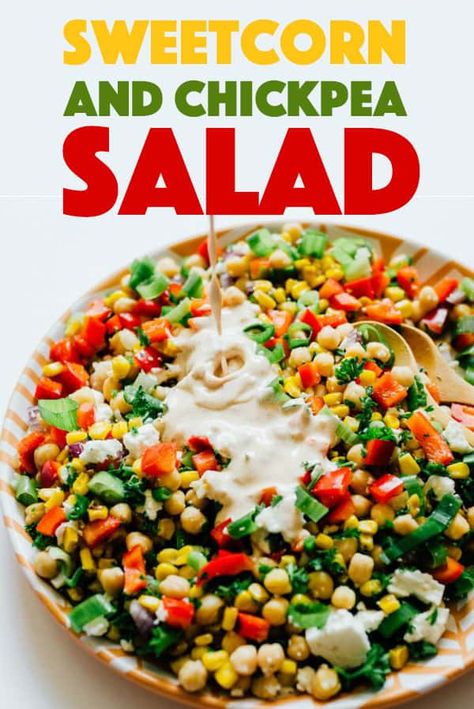 Greek Yogurt Salad, Yogurt Salad Dressing, Greek Yogurt Salad Dressing, Easy Vegetarian Sides, Salad Chickpeas, Vegetarian Side Dish Recipes, Yogurt Salad, Corn Salad Recipe, Yoghurt Dressing