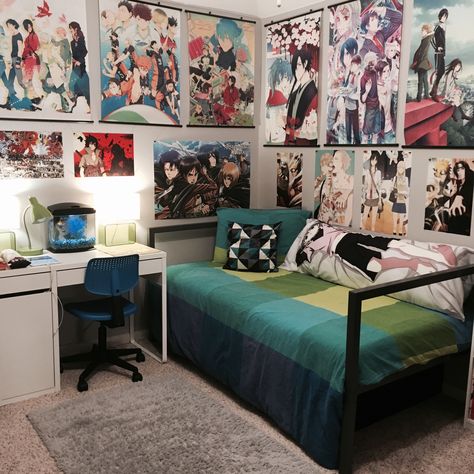 Anime room #animeroom #otaku #anime Otaku Room Aesthetic, Japan Bedroom, Anime Bedroom Ideas, Anime Bedroom, Geek Room, Japanese Bedroom, Otaku Room, Anime Decor, Anime Room