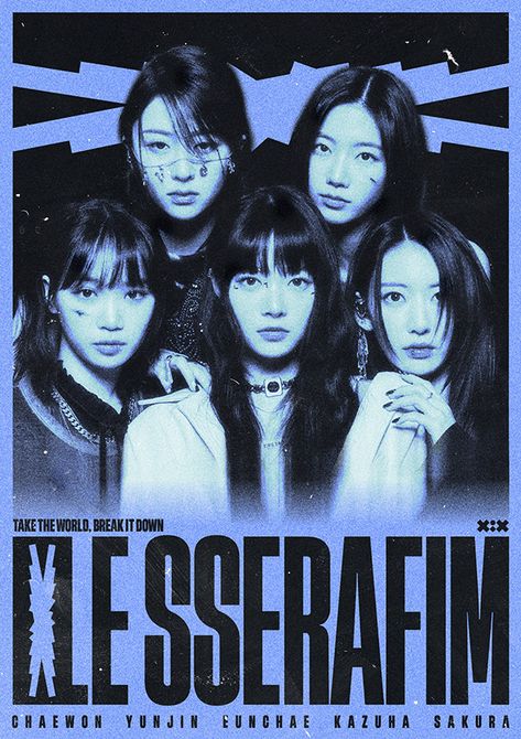 Kpop Teaser Poster, Lesserafim Poster, Kpop Poster Design, Le Sserafim Poster, K Pop Poster, Idea Background, Blue Vibe, Poster Boards, Container Bar