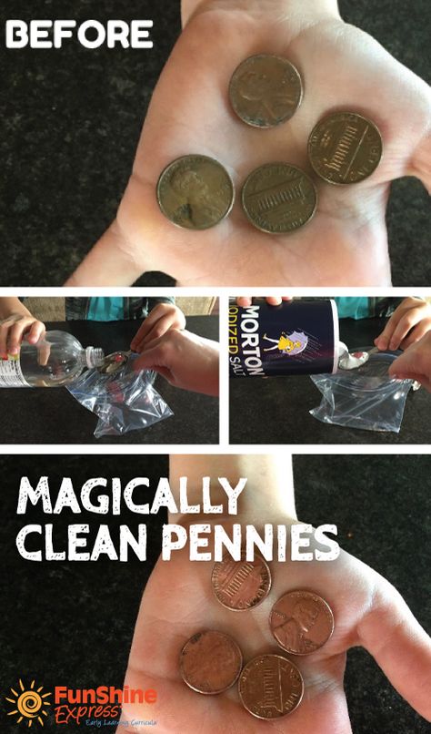 “Find a penny, pick it up. All day long you’ll have good luck!” Invite children to help you make a magic solution to turn tarnished pennies shiny again! How To Clean Pennies Diy, Penny Crafts Diy Ideas, Cleaning Pennies, Clean Pennies, Pennies Crafts, Cleaning Coins, Penny Craft, How To Clean Coins, How To Clean Pennies