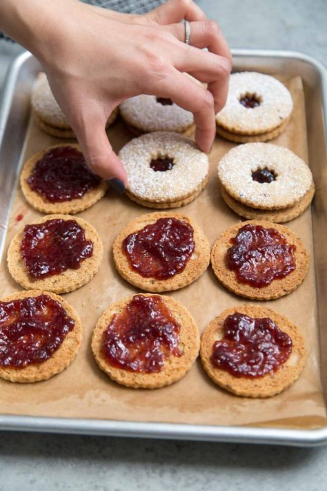 Linzer Cookies - The Little Epicurean Hazelnut Linzer Cookies, Linzer Torte Cookies, Raspberry Jam Cookies, Hazelnut Shortbread, Austrian Desserts, Linzer Cookie, Homemade Raspberry Jam, Cookie Sandwiches, Linzer Cookies