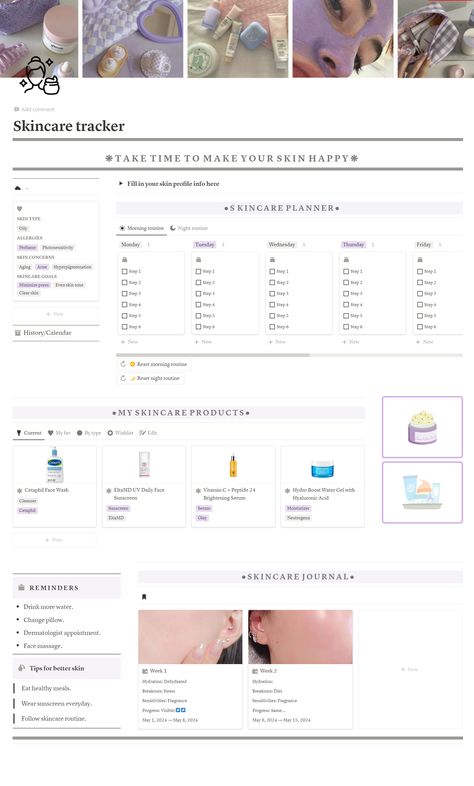 #Tracker_Aesthetic #Skincare_Tracker #Skincare_Steps #Notion_Ideas Skincare Journal Ideas, Skin Care Tracker, Skin Care Planner, Notion Tutorial, Tracker Aesthetic, Skincare Tracker, Skincare Planner, Skincare Template, Study Planner Free