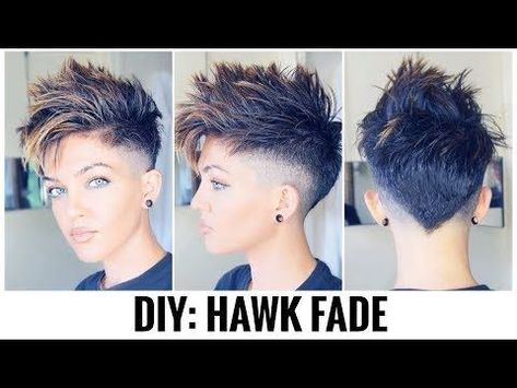 Hawk Fade Women, Feminine Faux Hawk, Fauxhawk Pixie For Women, Messy Faux Hawk, Pixie Mohawk Haircut, Pixie Faux Hawk Feminine, Pixie Haircolor Ideas, Edgy Hair Short, Shaved Pixie Cut Edgy