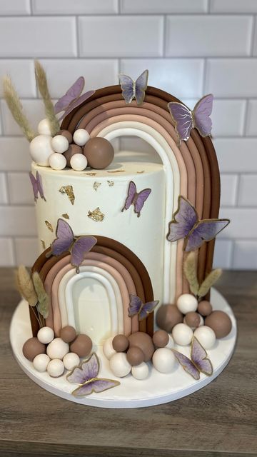 Boho Butterfly Cake, Boho Chic Cake Ideas, Boho Cake, Christening Ideas, Rainbow Arch, Butterfly Cake, Nude Palette, Cake Inspo, Butterfly Cakes