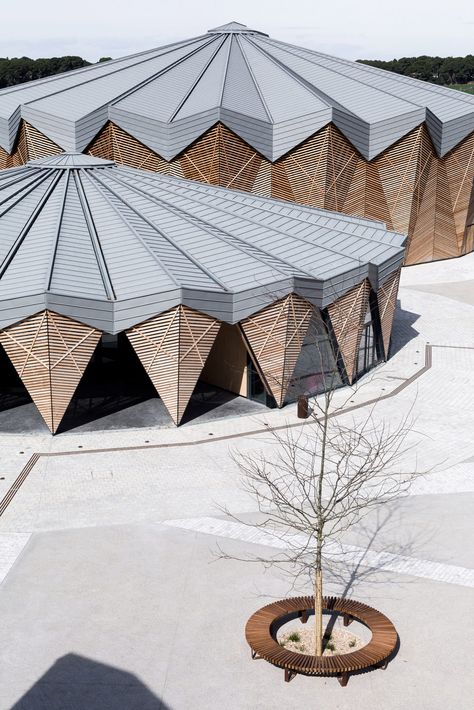 K Architectures creates trio of permanent circus tents for theatre in Béziers Circular Buildings, Architecture Renovation, Tiered Seating, Cladding Design, Open Architecture, Architecture Design Drawing, Circus Tent, Restaurant Architecture, Exterior Cladding