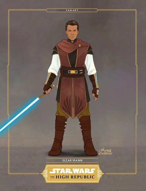 Realised I never shared my fan concept for Elzar Mann here. : Highrepublic Casual Jedi Outfit, Star Wars High Republic Concept Art, High Republic Jedi Robes, The High Republic Star Wars, Jedi Knight Concept, Jedi Guardian, Old Republic Jedi, High Republic Jedi, Star Wars High Republic