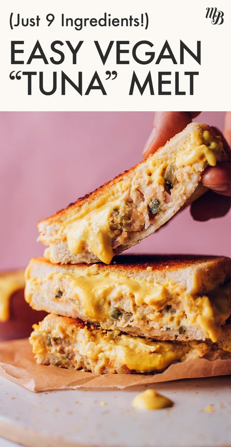 Introducing: the Vegan "Tuna" Melt! This protein-packed plant-based sandwich is the PERFECT companion to your favorite mains, and comes together in only 30 MINUTES with just 9 INGREDIENTS! These sammies are SAVORY, salty, creamy, oh-so-comforting, and SO good. Plant Based Whole Food Recipes, Vegan Tuna, Vegan Cheddar Cheese, Low Acid Recipes, Tuna Melt, Vegan Sandwiches, Food Groceries, Vegan Cheddar, Minimalist Baker