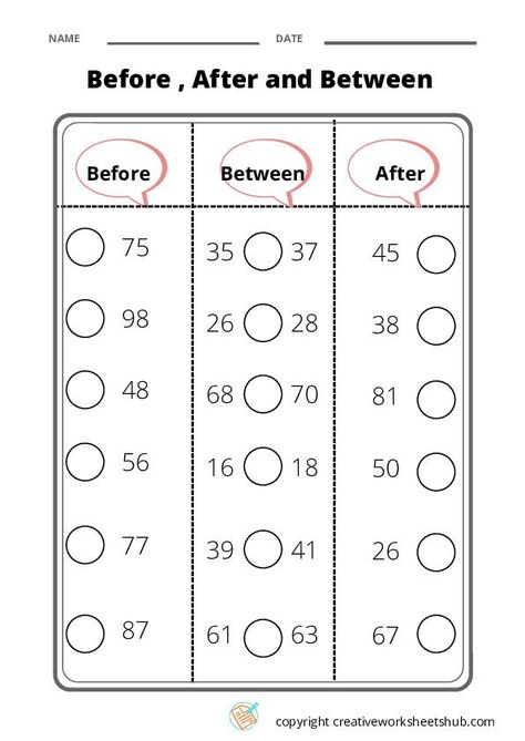 Kindergarten Maths l Before , After, and Between - creativeworksheetshub Senior Kg Maths Worksheet, After Before Between Worksheet, Kindergarten Syllabus, Kg Worksheets, Math Fact Worksheets, Math Addition Worksheets, Kindergarten Phonics Worksheets, English Worksheets For Kindergarten, Alphabet Worksheets Kindergarten