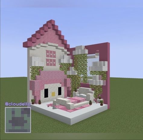 Mincraft Idea Houses Hello Kitty, Minecraft Building Ideas Hello Kitty, My Melody Minecraft House, Minecraft Houses Kawaii, Hello Kitty Minecraft Builds, Minecraft Houses Ideas Aesthetic, Pink Minecraft Bedroom, Cinnamoroll Minecraft, My Melody Minecraft