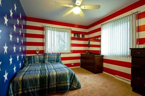 American Flag Bedroom Ideas, Flag Bedroom Ideas, Patriotic Bedroom Ideas, American Flag Room, American Flag Bedroom, Patriotic Room, Patriotic Bedroom, Wall Decorating, Guest Bedroom Decor