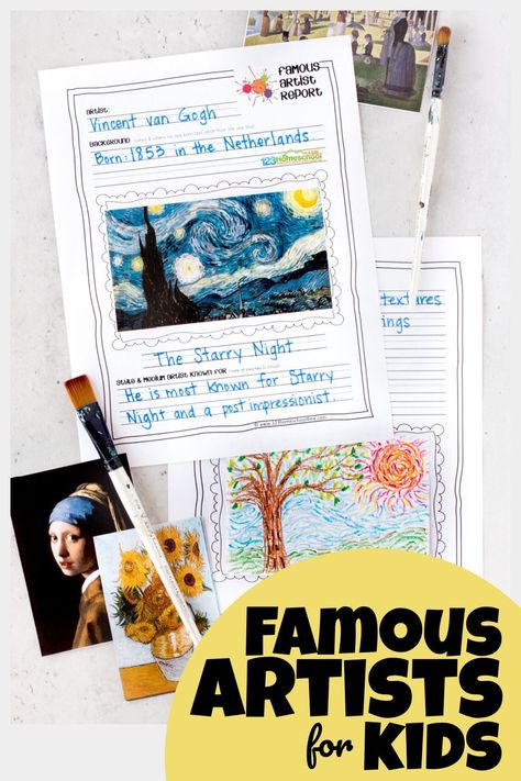 Are you teaching your children about famous artists for kids? Helping kids learn to appreciate art and different techniques is such a great activity. Whether you are studying monet, van gogh, picasso, mondrian, or one of the other many popular artists - these artist report pages are a great way for kids to remember what they learn. Use these famous artists worksheets with kindergarten, first graders, 2nd graders, 3rd graders, 4th grader, 5th graders, 6th graders, 7th graders, and 8th graders. Impressionism Art Projects, Famous Artists For Kids, Paper Flower Wall Hanging, Summer Learning, Artists For Kids, Homeschool Art, Paper Flower Wall, Impressionism Art, Popular Artists