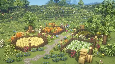 Minecraft Crop Farm Ideas Aesthetic, Minecraft Crops Ideas, Minecraft Crop Farm, Minecraft Cottage Ideas, Minecraft Farm Ideas Crops, Minecraft Ideas To Build, Minecraft Town Ideas, Cottage Core Farm, Minecraft World Ideas