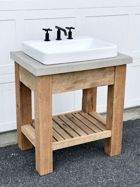 Concrete Countertops Bathroom, Vessel Sink Vanity, My Vanity, Farmhouse Vanity, Concrete Countertop, Diy Bathroom Vanity, Concrete Bathroom, Wood Bathroom Vanity, Concrete Sink