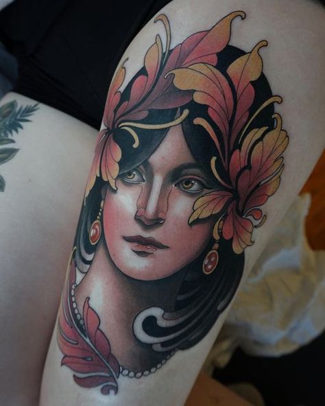 Traditional Tattoo Face, Neo Traditional Art, Art Nouveau Tattoo, Nouveau Tattoo, Gorgeous Tattoos, Painting Tattoo, Tattoo Portfolio, Head Tattoos, Neo Traditional