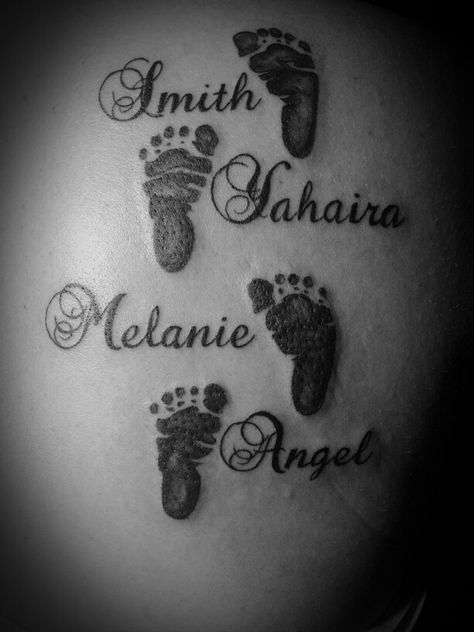 Foot prints with names I had fun doing this #tattoos #tattoosformoms #nametattoos #momtattoos Newborn Tattoo, Tattoos For Women On Thigh, Name Tattoos For Moms, Baby Name Tattoos, Kid Name Tattoo, Tattoos With Kids Names, Foot Tattoos For Women, Love Tattoo