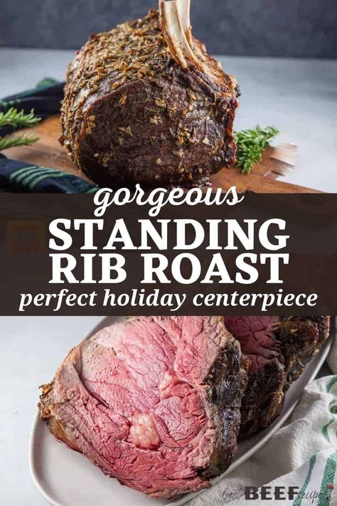 My gorgeous Standing Rib Roast Recipe is the prime rib of your dreams. Not only is it easy to make even for total beginners, but it uses simple ingredients while maximizing the flavor of the beef with garlic butter sauce. Standing rib roast makes a gorgeous holiday centerpiece everyone will remember for years to come! via @bestbeefrecipes Standing Rib Roast Recipe, Holiday Roast Beef, Beef Rib Roast, Prime Rib Roast Recipe, Perfect Prime Rib, Cooking Prime Rib, Rib Roast Recipe, Holiday Roasts, Standing Rib Roast