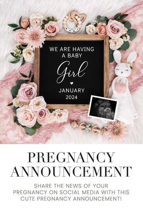 Digital and printable Baby Girl Pregnancy Announcement! #babygirl #pregnancy #pregnancyannouncement Digital Pregnancy Announcement Free, Free Pregnancy Announcement Template, Baby Girl Announcement Template, Girl Announcement Ideas, Baby Girl Announcement Ideas, Baby Girl Pregnancy Announcement, Girl Baby Announcement, Girl Pregnancy Announcement, Baby Announcement Template