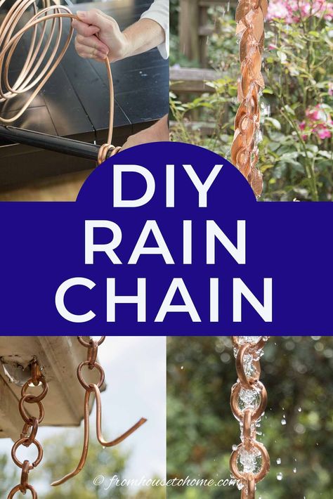 This awesome DIY rain chain tutorial shows you step-by-step how to make a copper rain that you can hang from the gutter on your house to replace the downspout. It is simple to make and looks so beautiful. #fromhousetohome #gardenideas #gardeningtips #diyprojects #gardenart #rainchains Make A Rain Chain, How To Make A Rain Chain, Rain Chain Installation, Rain Chain Diy, Rain Chain Garden, Copper Rain Chain, Chain Tutorial, Copper Rain Chains, Rain Chains