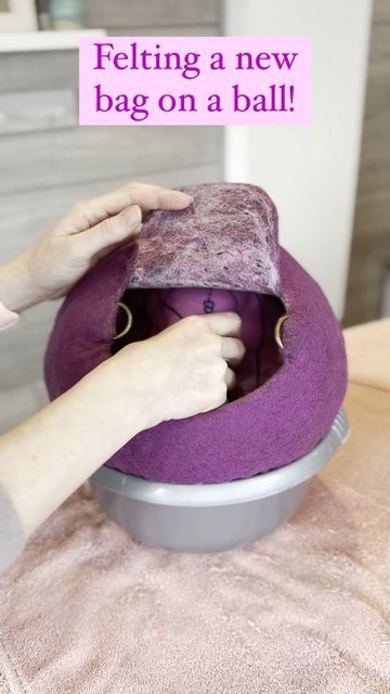 Natasha Smart Textiles on Instagram: "Finally got around to felting my first bag on a ball of 2022! Here’s the big reveal (which is always the best bit of the process!). #natashasmarttextiles #handmadefeltbag #woolfeltbag #wetfeltmaking #wetfeltedbag #feltbagonaball #internationalfeltmakersassociation #feltingball #feltteacher #feltartist #feltingartist #feltmaking #feltmakingworkshop #feltingworkshop #feltbagworkshop #bagmakingworkshop #bagmakingcourse #woolfelting #woolbag #handmadefelt #fel Felt Vessels, Smart Textiles, Felted Handbags, Wool Bags, Wet Felt, Big Reveal, Felt Ball, Felt Bag, Wet Felting