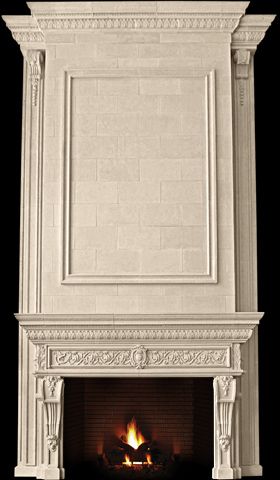 Shop Cast Stone Fireplace Mantels - Tartarugadesign Cast Stone Fireplace, Stone Fireplace Mantel, Fireplace Bookshelves, Marble Fireplace Mantel, Stone Mantel, French Fireplace, High Ceiling Living Room, Mantel Surround, White Furniture Living Room