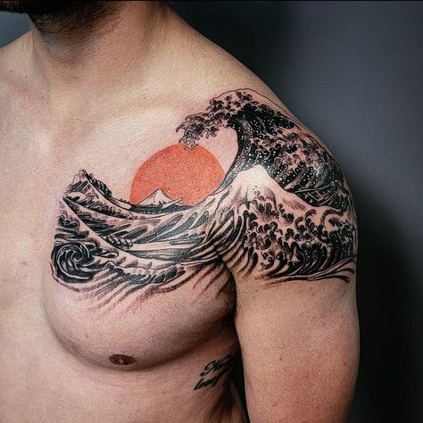 Bold Chest Tattoo, Chest Tattoos For Guys, Chest Tattoo Designs For Men, Futuristic Tattoo, Upper Shoulder Tattoo, Men Embracing, Traditional Chest Tattoo, Art Personality, Japanese Wave Tattoos