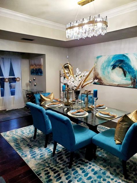 Glam Dining Room Ideas, Room Ideas Blue, Turquoise Dining Room, Dining Room Glam, Glam Dining Room, Glam Dining, Gold Dining Room, Gold Dining, Dining Room Ideas