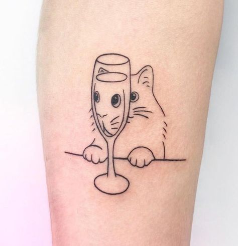 water glass cat tattoo Mass Effect Tattoo, Dumbest Tattoos, Tattoo Gato, Bubble Tattoo, Cat And Dog Tattoo, Skateboard Tattoo, Wine Glass Tattoo, Wine Tattoo, Kitty Tattoos