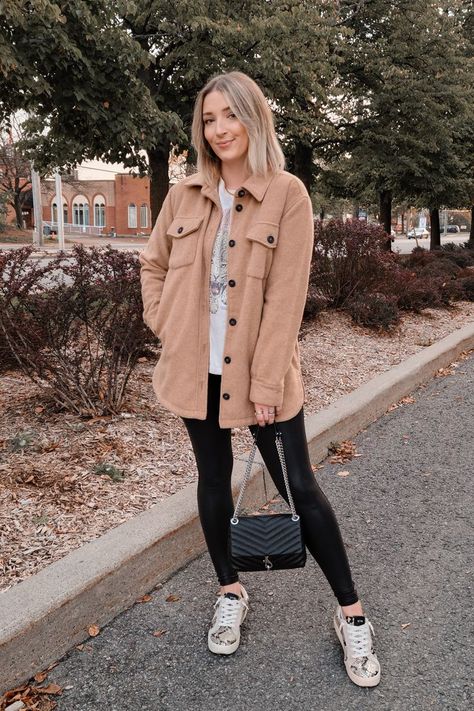 How to style a shacket - pair with graphic tee and Spanx faux leather leggings. Click through to shop! | Shacket outfits, tan shacket, beige shacket, black leggings outfit, how to wear a shacket, fall 2021 outfits, 2021 fall fashion trends #shacketoutfits #falloutfits2021 Fall Shacket Outfit, Casual Leggings Outfit Fall, Style A Shacket, Shacket Outfits, Beige Shacket, Shacket Outfit Women, Shacket Outfit, Leather Leggings Outfit, Style Inspiration Casual