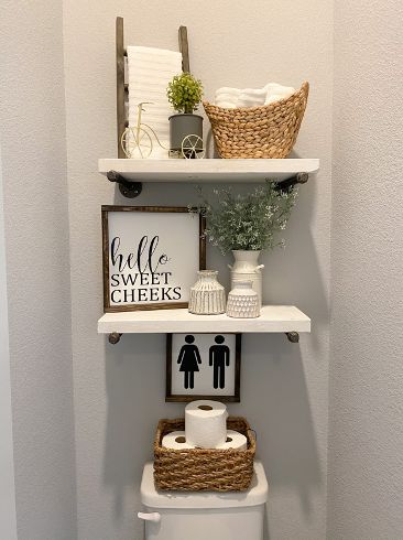 Guest Post: Home DIY Projects | Welcome to Better - M/I Homes Cute Farmhouse Bathroom, Wall Decor Shelves, Farmhouse Bathroom Wall Decor, Small Bathroom Storage Ideas, Wc Decoration, Bathrooms Design, Cute Farmhouse, Toilet Room Decor, Bathroom Decor Themes