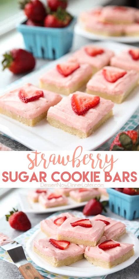 Strawberry Sugar Cookie Bars, Strawberry Sugar Cookie, Strawberry Frosting Recipes, Sugar Cookie Bar Recipe, Crowd Desserts, Cooking Therapy, Bars Dessert, Finger Desserts, Strawberry Sugar Cookies