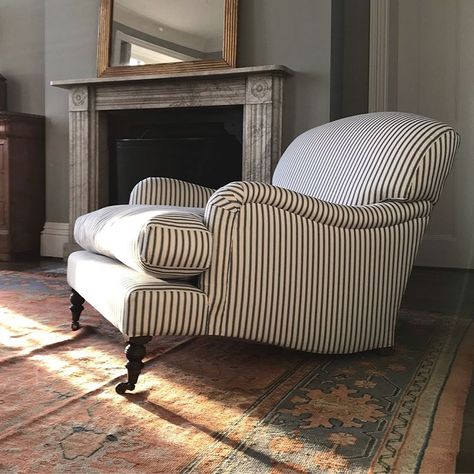 Joanna Plant (@joannaplantinteriors) • Instagram-billeder og -videoer Ticking Stripe Chair, Joanna Plant, Striped Armchair, Linen Press, Ticking Fabric, Ticking Stripe, Ticks, Home And Family, Sweet Home