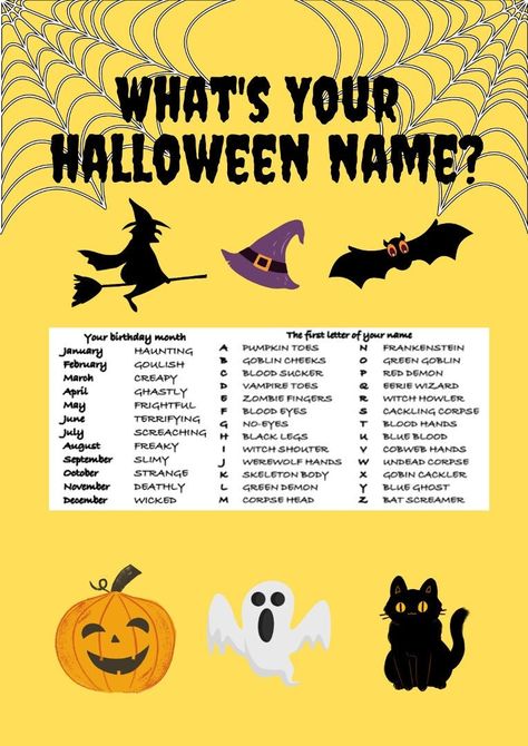 Halloween Name Generator, What Is Your Halloween Name, Good Things To Do At A Sleepover, What’s Your Halloween Name, What’s Your Name, Halloween Party Game Ideas For Adults, Halloween Party Games For Teens, Halloween Party Names, Halloween Game Ideas