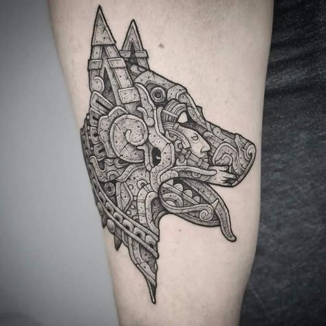 Quetzalcoatl Head Tattoo, Mexican Dog Tattoo, Axolotl Aztec Tattoo, Central American Tattoos, Aztec Dog Tattoo, Aztec Animal Tattoo, Xoloitzcuintle Tattoo, Aztec Rabbit, Aztec Jaguar Tattoo