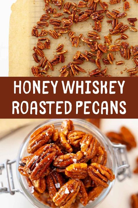 With this recipe, pecans never tasted better! These honey whiskey roasted pecans are salty and sweet - the perfect snack to put out for a party, or just to get you through the afternoon! Roasted Pecans Recipe, Honey Roasted Pecans, Cinnamon Roasted Almonds, Honey Whiskey, Whiskey Recipes, Healthy Nutrition Plan, Roasted Pecans, Nut Recipes, Roasted Nuts