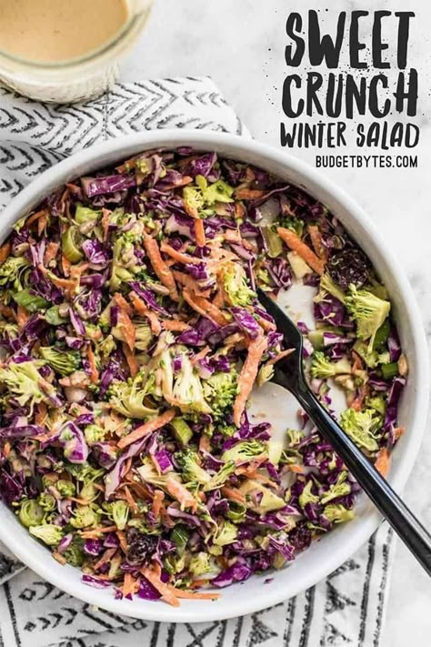 When fresh vegetables are in short supply, make this Sweet Crunch Winter Salad packed full of winter vegetables and a homemade Maple Tahini Dressing. Maple Tahini Dressing, Maple Salad, Vegan Budget, Crunch Salad, Resep Salad, Sprouts Salad, Winter Vegetables, Winter Salad, Tahini Dressing