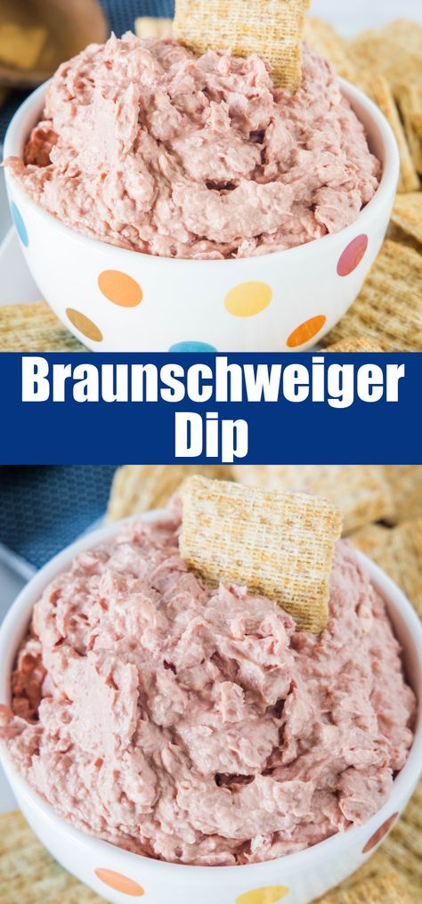 Braunschweiger Dip - Turn braunschweiger into a creamy dip that is great on crackers or bread and perfect for the center of your holiday spread. Braunschweiger Dip Cream Cheese, Keto Dishes For Potluck, Cinnamon Roll Dip, Braunschweiger Pate Recipe, Braunschweiger Ball, Dipping Bread Recipe, Braunschweiger Spread, Jimmy Dean Dip, Braunschweiger Recipes